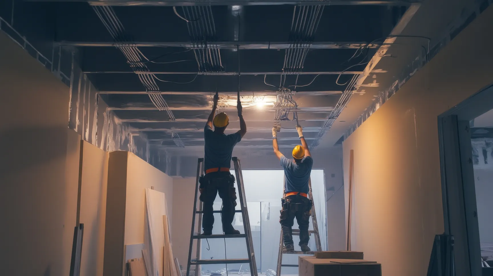 RGO Services technicians installing lighting on a ladder