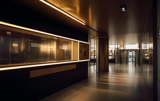 Retail interior with warm-gold LED strip lighting along display cases and ceiling, illuminating polished floors and glass storefront